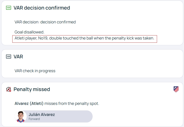 官方明確！歐冠官網(wǎng)：阿爾瓦雷斯罰點(diǎn)時2次觸球，VAR決定進(jìn)球無效