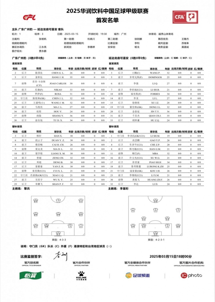 廣州豹vs延邊龍鼎首發(fā)：卡洛斯、羅薩、尼康三外援領(lǐng)銜廣州豹